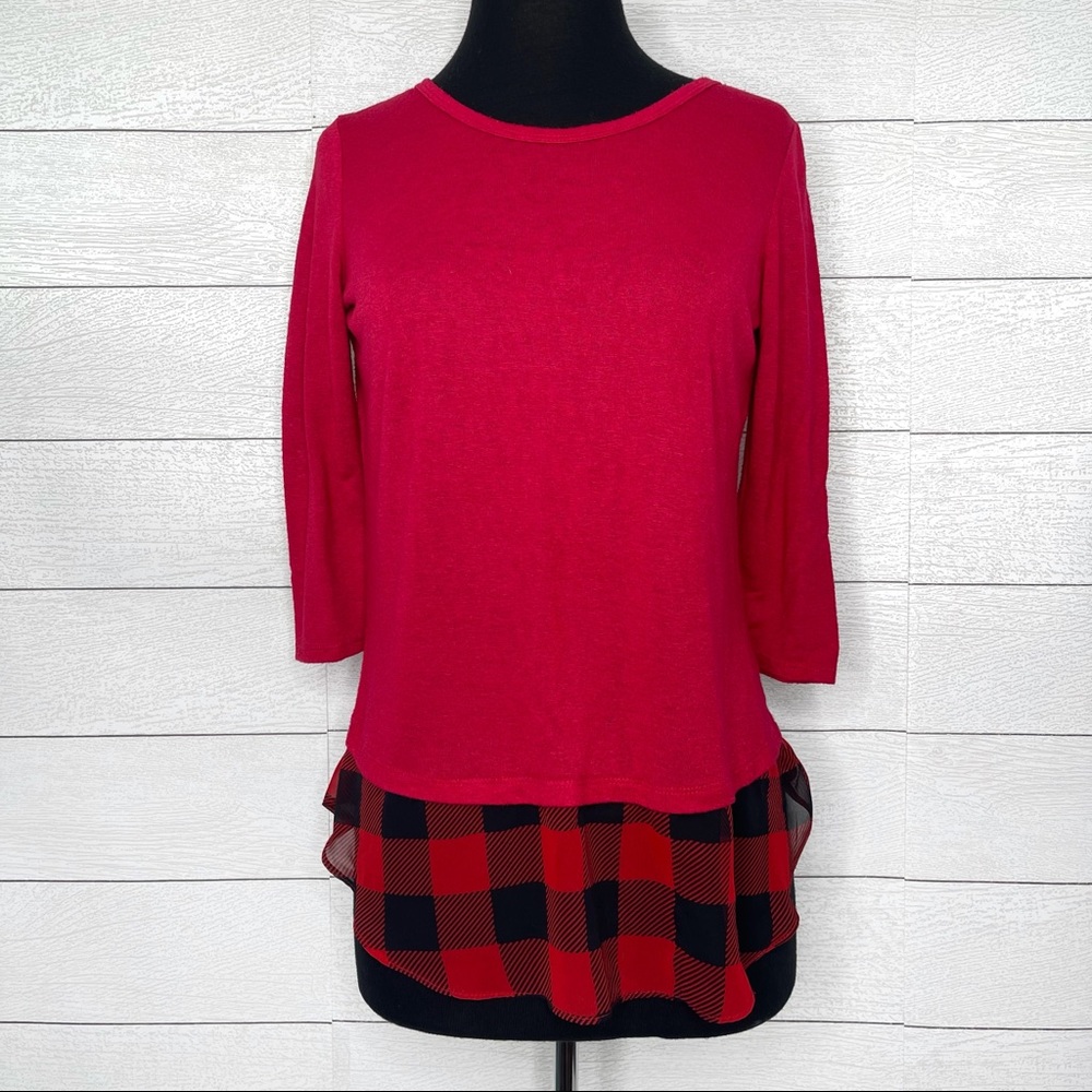 Charming Charlie | Red Buffalo Check 3/4 Sleeve Lightweight Top